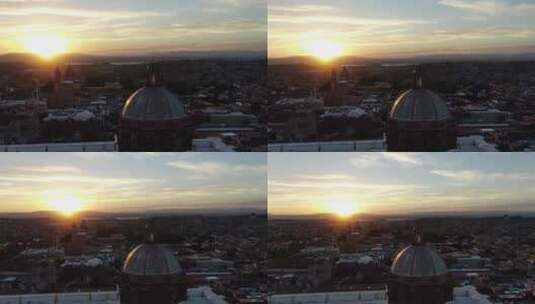 墨西哥圣米格尔地标建筑夕阳黄昏夕阳航拍高清在线视频素材下载