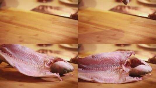 开膛清洗鱼肉切块高清在线视频素材下载