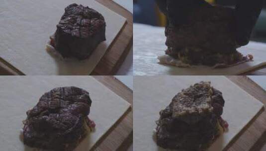 酥皮原料添加牛排及上层肉酱培根惠灵顿牛排高清在线视频素材下载