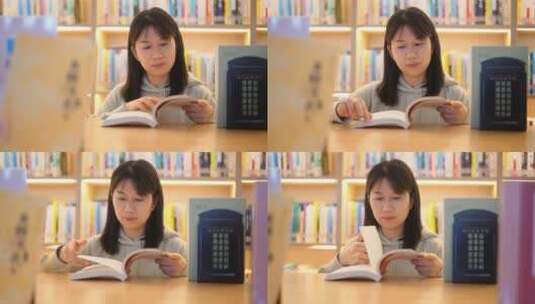 年轻女子图书馆在书架前翻看书本学习高清在线视频素材下载