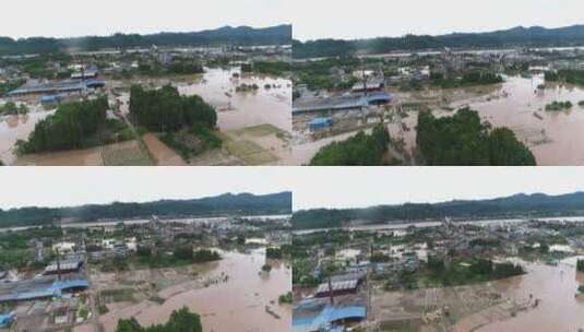 2020夏天四川洪水灾情航拍被淹没的小镇村庄高清在线视频素材下载
