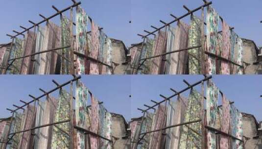 悬挂晾晒的中国传统染布特写高清在线视频素材下载