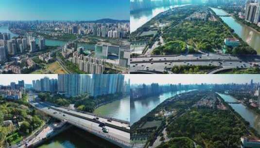 广州大桥交通和二沙岛航拍高清在线视频素材下载