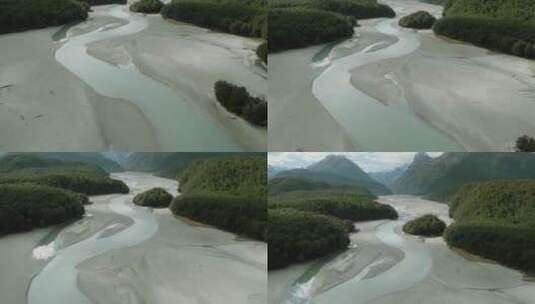 河流 森林 雪山 蓝天 白云 航拍高清在线视频素材下载