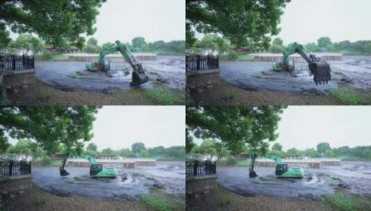 武汉青山公园挖掘机清理淤泥高清在线视频素材下载