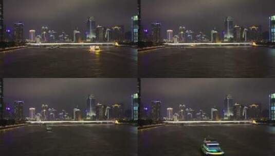 灯火通明的渡船和广州的城市灯火高清在线视频素材下载