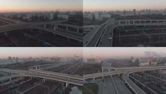 黎明时分城市多层交通交汇处鸟瞰全景高清在线视频素材下载