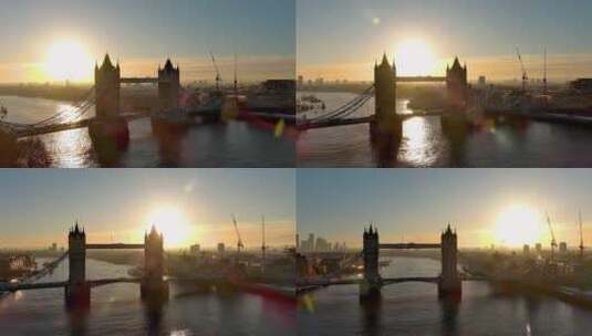 城市航拍伦敦日出阳光照射在伦敦塔上高清在线视频素材下载