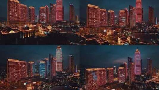 山东烟台城市夜景灯光秀航拍高清在线视频素材下载