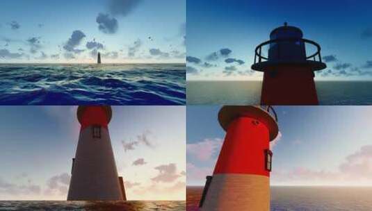 早晨日出海上灯塔延时摄影高清在线视频素材下载