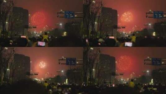 中国春节，元宵节，城市燃放烟花高清在线视频素材下载