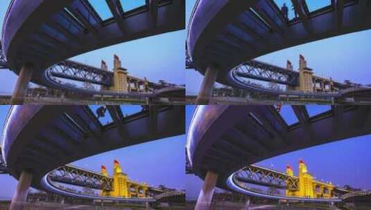 南京长江大桥桥头堡映红桥白转夜延时4k高清在线视频素材下载