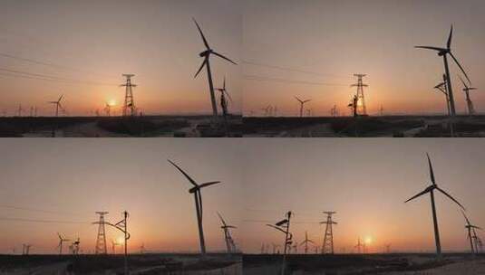 夕阳下风力发电场风车高清在线视频素材下载