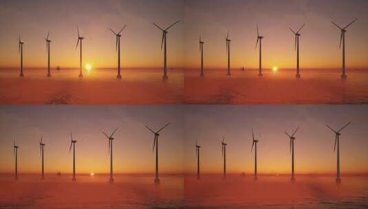 日落时海上风力涡轮机高清在线视频素材下载