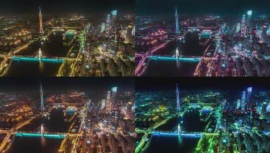广州珠江夜游夜景航拍4组调色风格高清在线视频素材下载