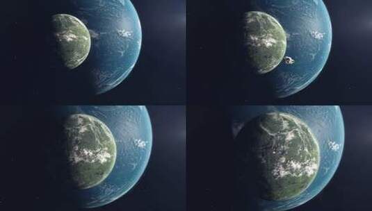 大型宇宙飞船接近巨大的海洋行星和绿色月亮高清在线视频素材下载
