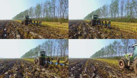 航拍拖拉机耕作土地高清在线视频素材下载