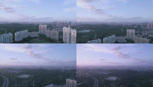 广州番禺城市建筑景观与夕阳晚霞云彩航拍高清在线视频素材下载