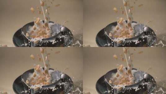 麦片掉入奶中升格慢镜头高清在线视频素材下载