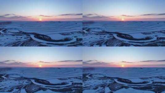 航拍冬季垦区田野雪景高清在线视频素材下载