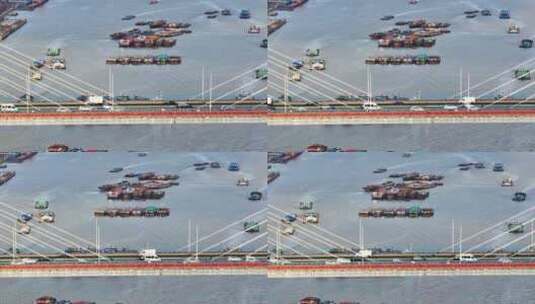 上海黄浦江杨浦大桥车流轮船航拍高清在线视频素材下载