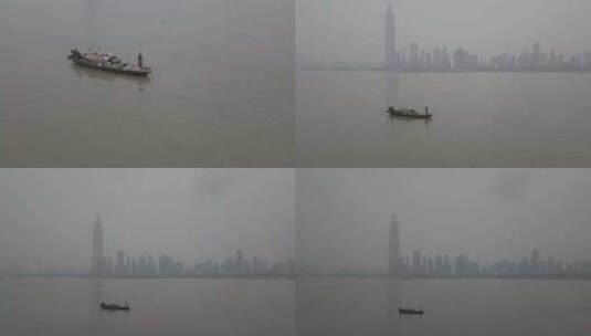 航拍武汉汉口长江小渔船高清在线视频素材下载