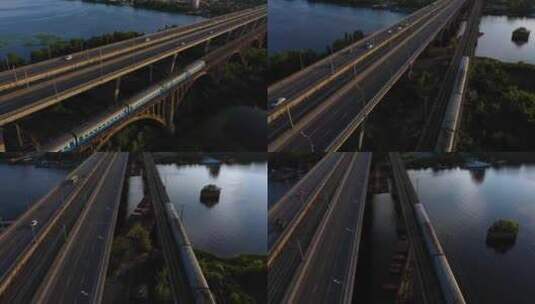 河流桥上移动火车的俯视图高清在线视频素材下载