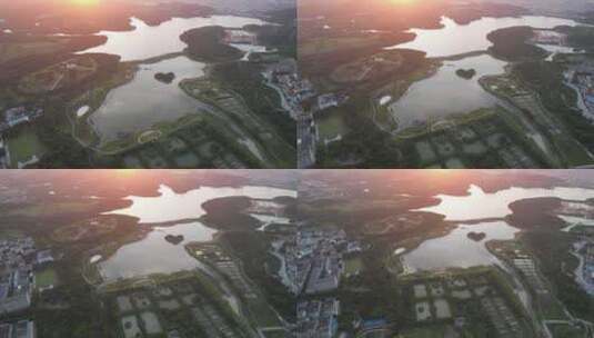 深圳市宝安石岩湖湿地公园日落航拍高清在线视频素材下载