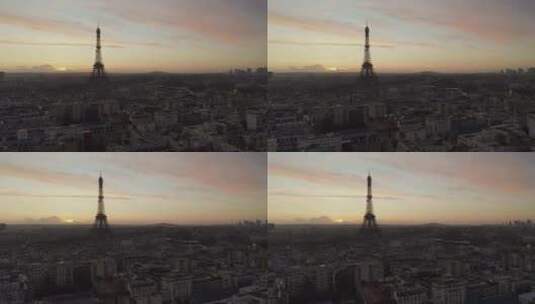 航空：法国巴黎上空潮湿，埃菲尔铁塔上雨中的倒影，参观埃菲尔铁塔高清在线视频素材下载