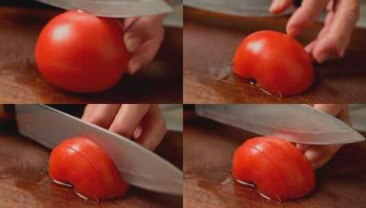 厨师在砧板上切番茄【4K】高清在线视频素材下载