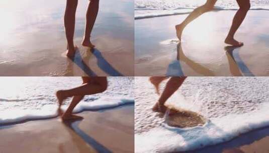 女孩在沙滩上散步，留下美丽脚印高清在线视频素材下载