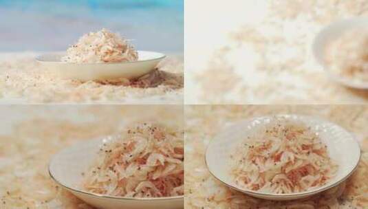 纯色背景下的海鲜调味品干虾皮高清在线视频素材下载