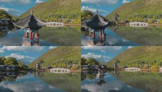 云南旅游丽江黑龙潭公园得月楼五孔石拱桥高清在线视频素材下载