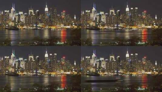 纽约哈德逊河曼哈顿城市夜景延时高清在线视频素材下载