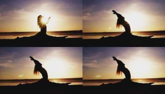 海边女人瑜伽剪影高清在线视频素材下载
