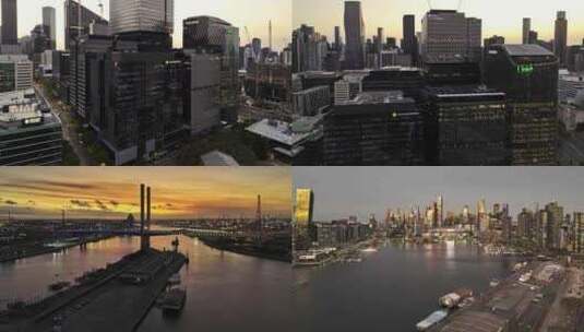 城市航拍墨尔本市中心摩天大楼地标汽车大桥高清在线视频素材下载