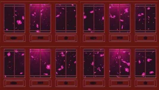 4k中国风戏台门窗外屏风梅花飘落背景高清在线视频素材下载