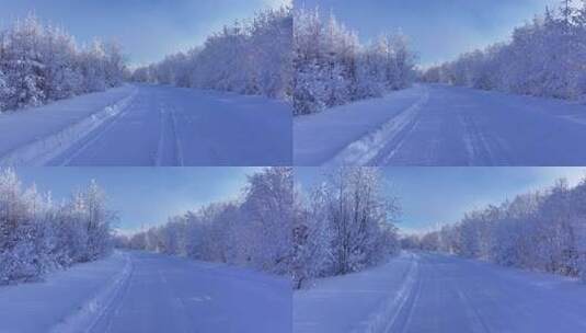 航拍森林雾凇山间冰雪道路高清在线视频素材下载