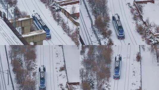 雪天环境下火车在轨道上行驶高清在线视频素材下载