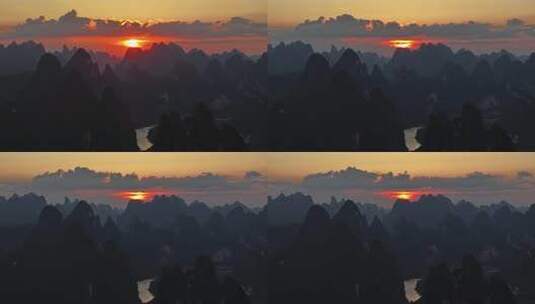 广西桂林阳朔兴坪古镇峰林航拍日落夕阳风光高清在线视频素材下载