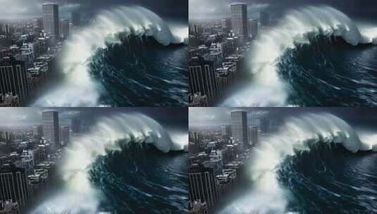城市高楼旁汹涌海浪高清在线视频素材下载