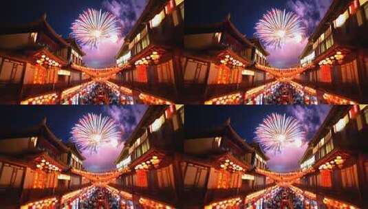 古街烟花夜景人群高清在线视频素材下载