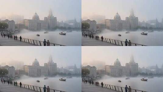 上海外滩晨景及行人漫步画面高清在线视频素材下载