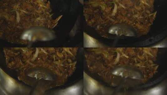 饭店后厨制作老北京炒烤肉夹馍高清在线视频素材下载