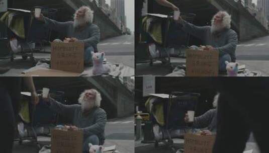 乞丐在向街边路过的人乞讨高清在线视频素材下载