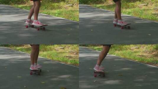 女孩在公园滑滑板腿部特写高清在线视频素材下载