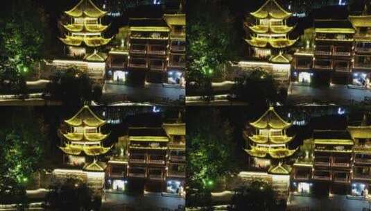 航拍湖南湘西凤凰古城4A景区夜景高清在线视频素材下载