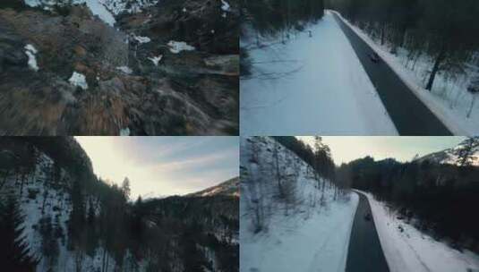 航拍豪车名车汽车在行驶在雪景中高清在线视频素材下载