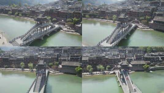 湖南湘西凤凰古城吊脚楼古建筑航拍高清在线视频素材下载