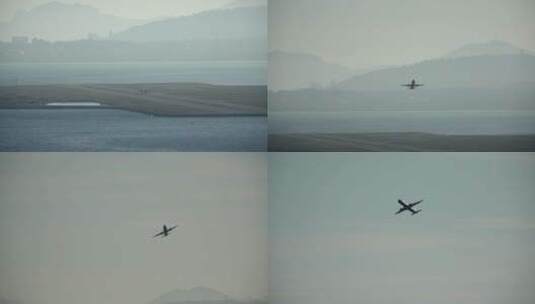 航拍从跑道起飞的飞机高清在线视频素材下载
